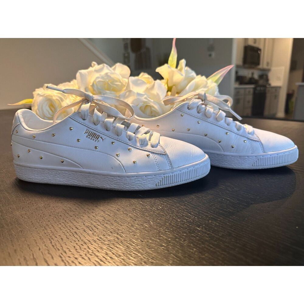 Puma Cute Goth Style White Sneakers with Gold Heart Studs Size 9